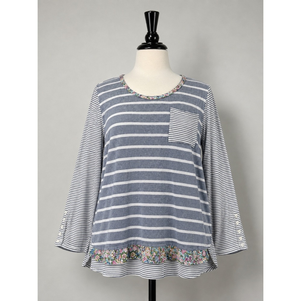 Caribbean Joe Womens Mixed Stripe Floral Trim Long Sleeve Top Blue White Medium